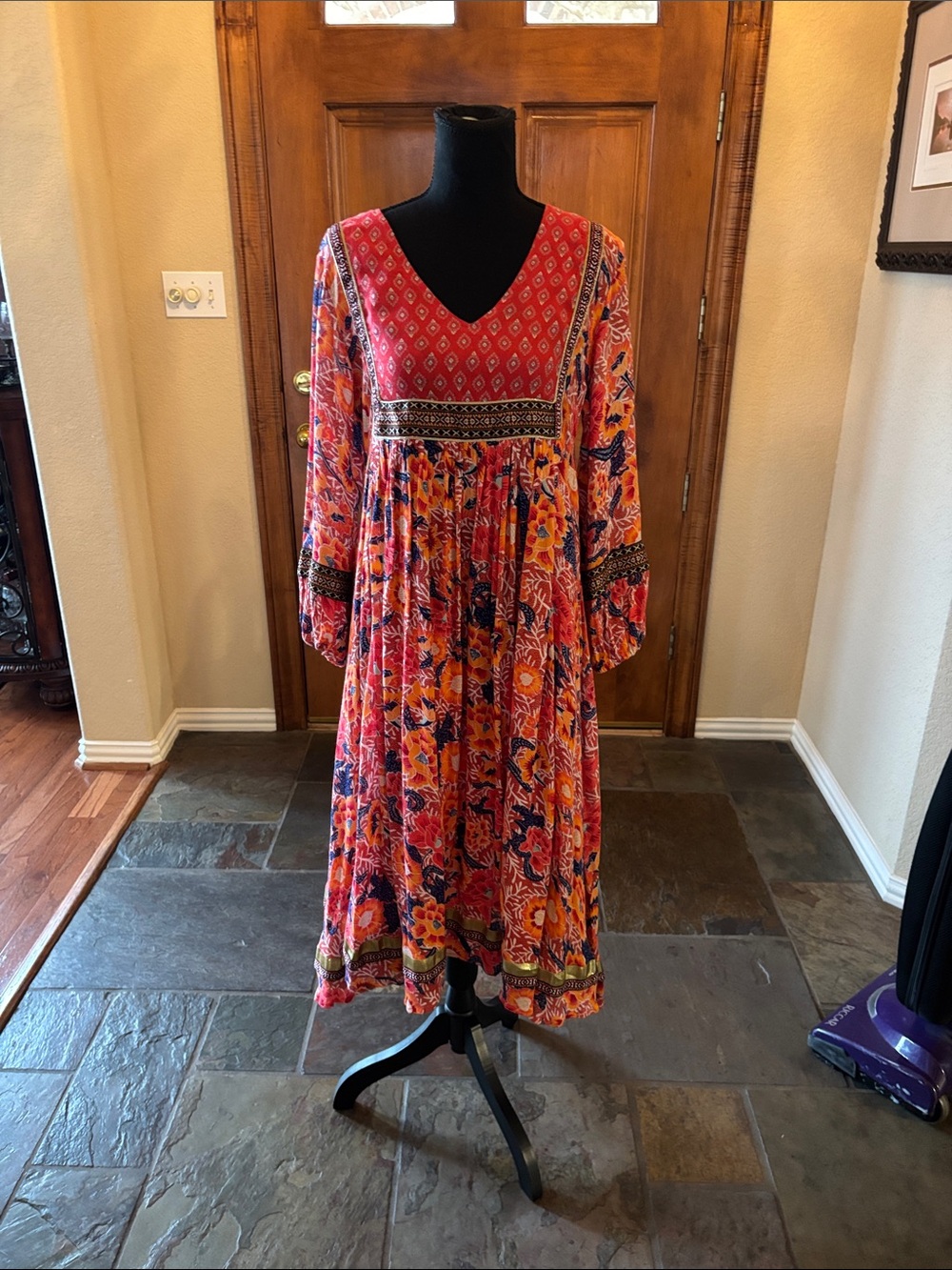 V-Neck Floral Midi Dress in Red and Orange